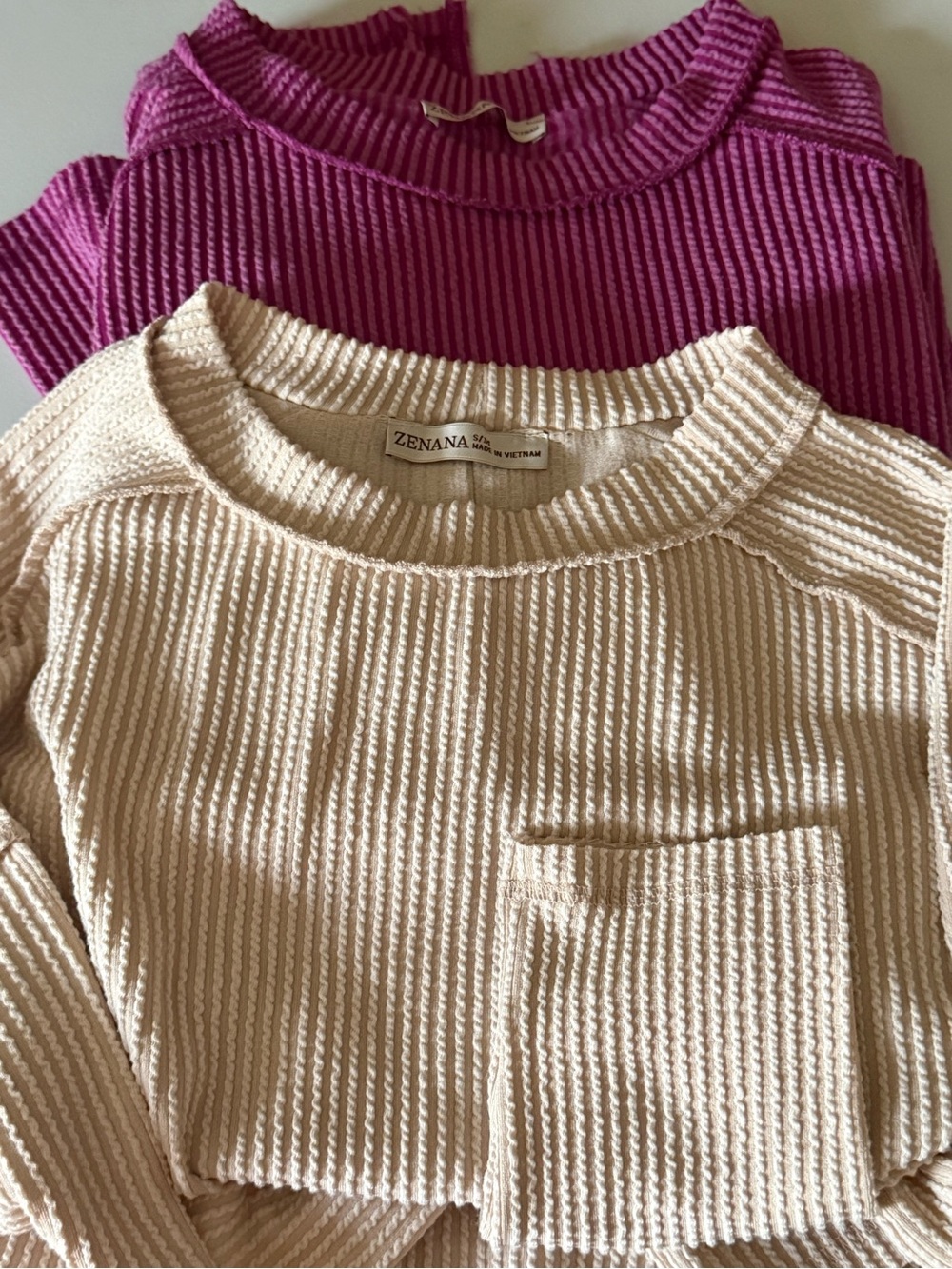 Bundle Zenana Outfitters Women’s Crewneck Waffle Knit Sweater - Cream and pink